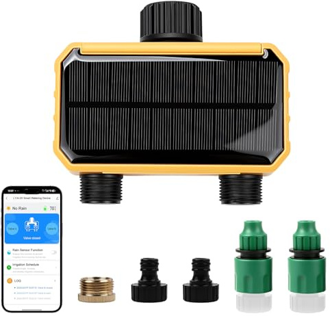 VIFERR Bewässerungscomputer WLAN 2 Ausgänge,Solares Bewässerungscomputer,App Sprachsteuerung 500mAh IPX5 Wasserdicht Regenverzögerung Bewässerung,für Rasen,Garten