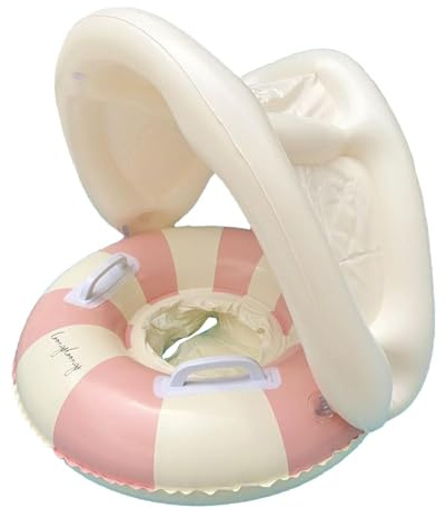 Schwimmbad mit abnehmbarem Sonnenschutz, PVC, Vintage-Stil, gestreift, aufblasbarer Schwimmring, für 0-4 Jahre, Strandspiel, Cartoon-Design