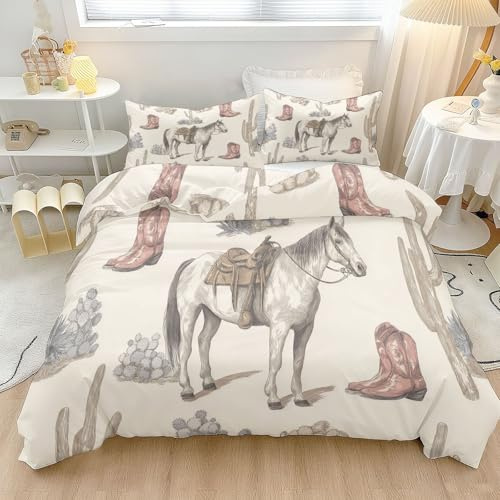 Queen (200 x 230) cm Duvet Cover Set Cream Western Horse Cactus,Soft Brushed Microfiber - Ideal for Modern Bedroom Decor & Sensitive Skin,Fade Resistant