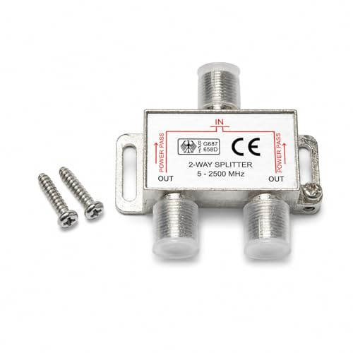 2-Way TV Signal Distributor for Satellite and Cable TV Systems, Practical 2-Way Splitter with F-Connector for Televisions, Receivers and Antenna Systems