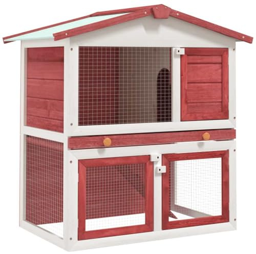 Owoxanthellate Kaninchenstall 2 Ebenen aus Holz, Hasenstall doppelstöckig mit Rampe und ausziehbarer Wanne, Kleintierstall für Kaninchen und Hasen, Rot und Weiß, 94 x 60 x 98 cm