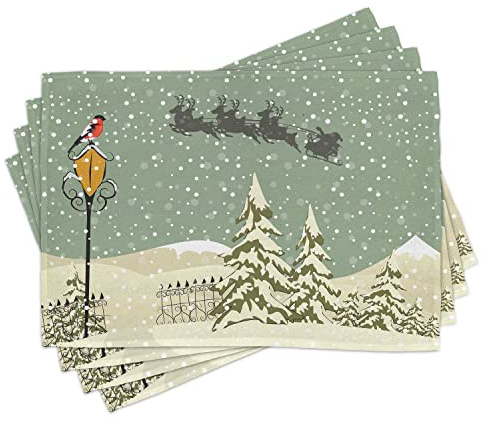 ABAKUHAUS Weihnachten Platzmatten, Weihnachtsmann-Ren, Waschbare Stoff Esszimmer Küche Tischdekorations Digitaldruck, Beige Grün Weiß