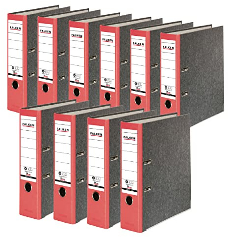 FALKEN 10x Recycling-Ordner 8 cm breit DIN A4 roter Rücken | Made in Germany Papierbezug im Wolkenmarmor-Design Blauer Engel