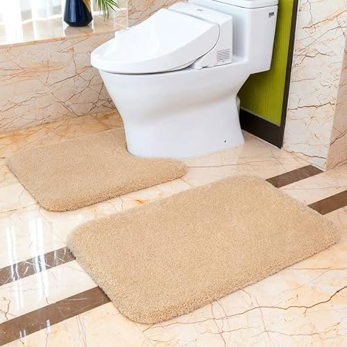 Juego de 2 Alfombra de Baño Antideslizante Alfombrilla de Baño Espesa Absorbente Alfombra de Ducha Ultra Suave Alfombrillas para Baño Inodoro Mullido Microfibra - 50 x 80cm + 50 x 60cm (Beige)