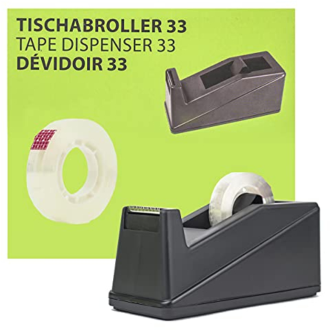Dérouleur de table robuste avec ruban adhésif – 33/66 – Dévidoir de ruban adhésif avec rouleau distributeur de ruban adhésif transparent robuste pour la maison (dérouleur de table 33)