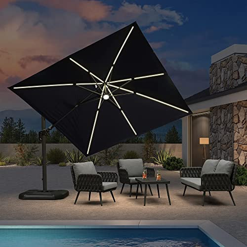 PURPLE LEAF 3 X 3 M Garden Cantilever Parasol, LED Swivel Square Patio Umbrella with Crank Handle and Tilt for Balcony and Outdoor, Navy Blue