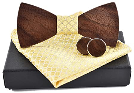 GIVBRO Herren Fliege aus Holz, Einstecktuch, Manschettenknöpfe, Gitter, Taschentuch, Fliege, Set für Smoking, Hochzeit, Jahrestag, Abschlussball, Party, 3-teiliges Set
