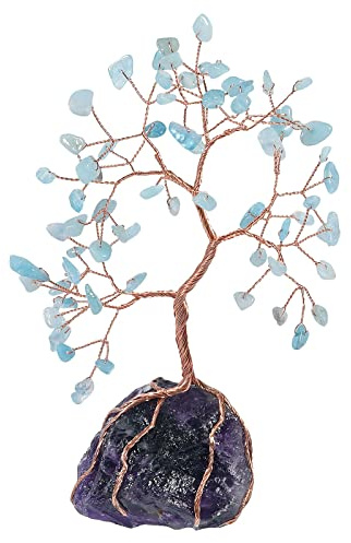 KYEYGWO Aquamarine Heilung Kristall Geldbaum auf Natürlichen Amethyst Rohstein Base, Feng Shui Bonsai Baum Kristallbaum Figuren Stein Ornament Edelsteinbaum Haus Deko für Glück, Reichtum