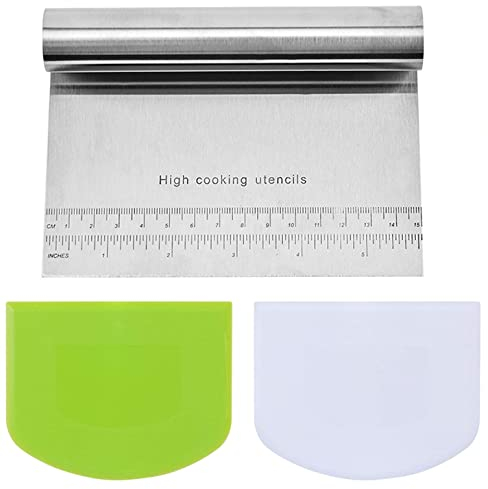HOUSTA Teigschneider Edelstahl Teigschaber mit 2 Stück Kunststoff Teigkarte Teigspachtel mit Messskala Gemüseschaufel Teigschaberkarte für Gemüse, Brot, Pizza, Kuchen, Torte, Plätzchen