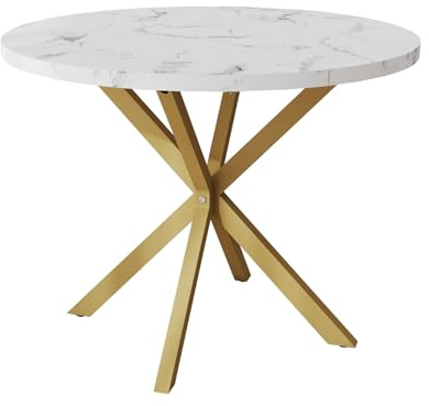 GrandCA HOME Mesa de Comedor Redonda con Tapa Moderna con Efecto Mármol, Mesa de Comedor de Cocina con Cuatro Patas de Metal, para Comedor, Sala de Estar,Blanco+GDL