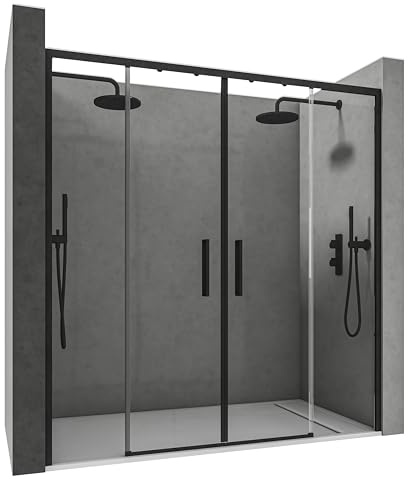 NEBADOON | Mamparas de Ducha - 2 Fijos + 2 Puertas Correderas - Mamparas de Ducha Corredera con Cristal Templado 6 mm Antical - Perfilería Negro Mate - 196 a 198cm Ancho Adaptable 4cm x 195cm (Alto)