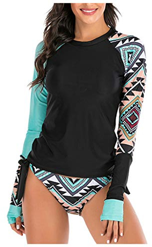Camiseta de surf UV para mujer, manga larga, camiseta de baño Rashguard para mujer, protección UV, camiseta de surf, camiseta de natación, camiseta de playa, camiseta de dos piezas, Q negro., XXL