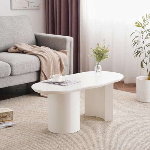 Merax Couchtisch unregelmäßiger, Modern Wohnzimmertisch mit elegant geschwungene Tischplatte, Sofatisch Weiss Kaffeetisch aus Holz, für Schlafzimmer Büro, Stabiler, Einfache Aufbau, 100x50x40,5cm