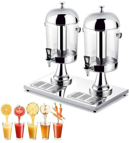 DPLXFPP Commercial Juice Dispenser, 16L/ 24L Stainless Steel Drinks Dispenser Container with Ice Container, Self Service Cocktail Dispenser -Water Dispenser -Drink Tower,Silver-DoubleHead16L