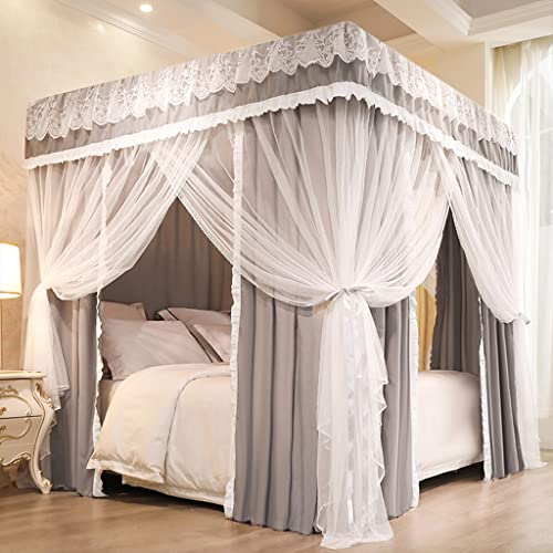 Bett-Vorhang-Baldachin, 4 Eckpfosten-Betthimmel für Mädchenbett, Erwachsene, Schlafzimmer, Kinderzimmer, Moskitonetz, Vorhangnetz (solides graues Queen-Size-Bett)