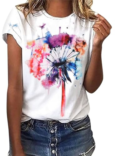 heekpek Femme T Shirt Blanc Chic T Shirts Col Rond Haut Manches Courtes Ete T Shirt Coton Tee Shirt Imprimé pour Femmes Files