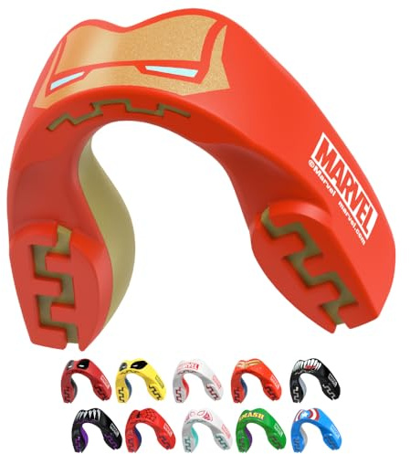 Marvel Iron Man Protector bucal adultos y niños para todos los deportes de contacto, incluidos rugby, MMA, artes marciales de kickboxing, judo, hockey y boxeo