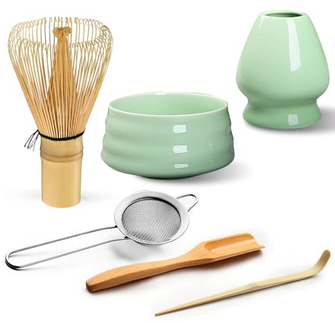 YANGUN Matcha Tea Set, 6pcs Matcha Whisk Set with Scoop, Spoon, Sifter, Whisk Holder, for Tea Ceremony Drinking (Green)