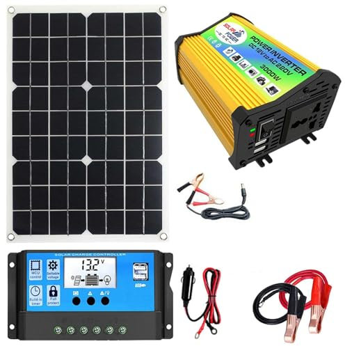 Solar Powerr System – Kit de panneau solaire | Contrôleur et onduleur de panneau solaire 3000 W, écran LCD 220 V et kit de contrôle, charge rapide, double ports USB, kit complet de panneau solaire