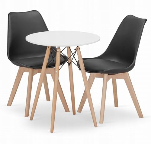 NMK HOME Essgruppe Esstisch Rund Ф 60 cm mit 2 Schwarze Stühlen - Esszimmerstühle 2er Set mit einem Kissen aus Kunstleder und Buchenholzbeinen