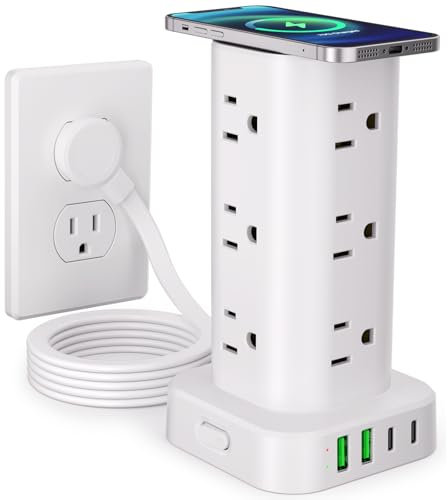 Power Strip Tower with Wireless Charger, Flat Plug Surge Protection Tower with 6ft Extension Cord, 12 AC Multiple Outlets, 4 USB (2 USB C), Tower
