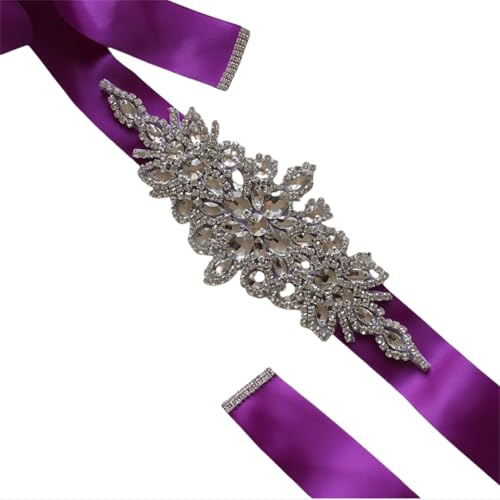 Yurosiay Cinturón de cintura con diamantes de imitación, cinta de satén para dama de honor, elegante, con banda de cristal, para niñas, boda, vestido de novia, color morado