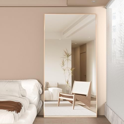 NEUWEABY Specchio a figura intera, 180x80cm Grande specchio da terra in oro Appeso o appoggiato in piedi Specchio per tutto il corpo Montato a parete, Specchio da terra per camera da letto
