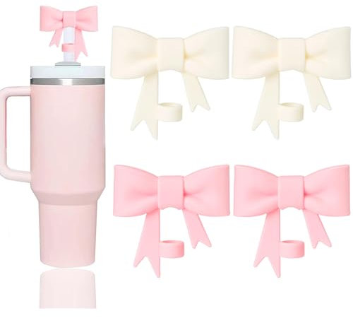 Stanley Cup 4 PCS Silicone Straw Cover Set - Cute Pink Bow,Reusable Tips & Topper Accessories - Ideal for Camping & Tourism (White+Pink)
