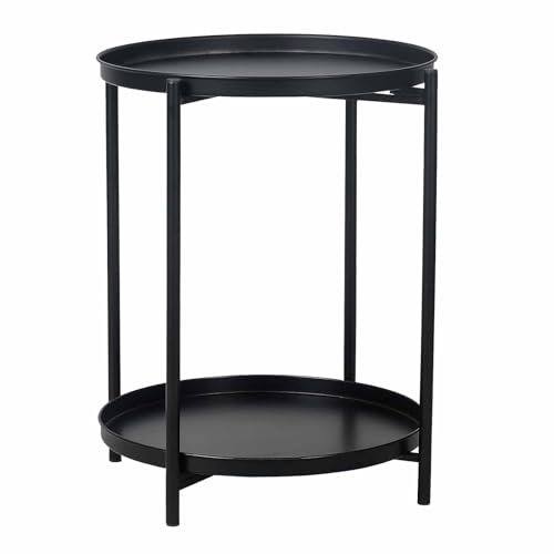 RYDZCLH Schwarzer Tabletttisch Mit 2 Ebenen, Runder Beistelltisch, Dekorativer Sofa-Snack-Kaffee-Pflanzenständertisch, Akzenttische Für Kleine Räume, Wohnzimmer, Schlafzimmer (2 Ebenen, Schwarz)