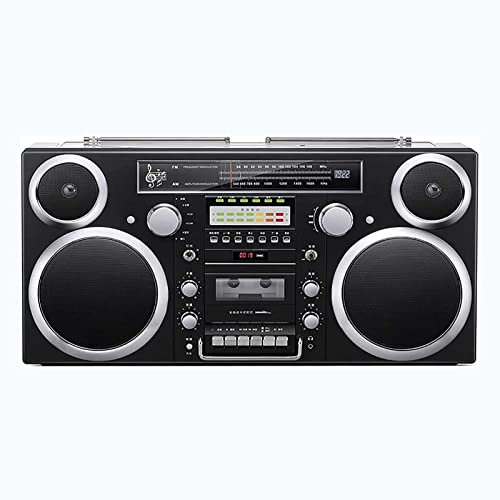 Boombox Retro con Casete, Bluetooth 5.0, Reproductor de CD, Radio Am/FM, Ranuras SD, Entrada Auxiliar, Conector para Auriculares y conversión USB/SD. Negro