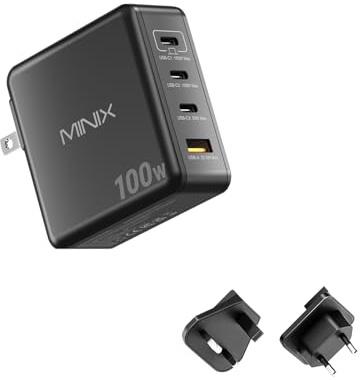 MINIX Cargador USB C 100 W, 4 Puertos USB-A/C Plegable, Carga Rápida PPS GAN (100W/30W/22,5W), Compatible con MacBook Pro/Air, iPad, iPhone 15/16 Pro, Galaxy S24 y Otros, Hogar y Viaje