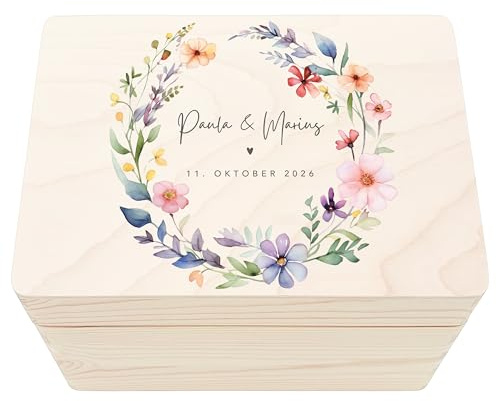 Personalisierte Hochzeit Erinnerungsbox Hochzeitsgeschenk Brautpaar Holzkiste Wildblumen Erinnerungskiste Geschenkkiste zur Hochzeit Geschenkbox 30x20x13 cm