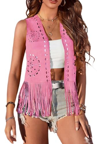 Women Tassel Vest 70s Hippie Faux Suede Rivets Sleeveless Fringe Waistcoat Jacket Open Front Boho Western Jacket Cardigan (E-Fuchsia, S)