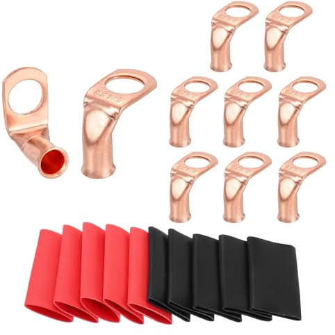 sourcing map 10 capicorda in rame curvato a 90°, 6 AWG, terminali per batteria, calibro 6 da 3/8, con 10 tubi termorestringenti 3:1 nero e rosso