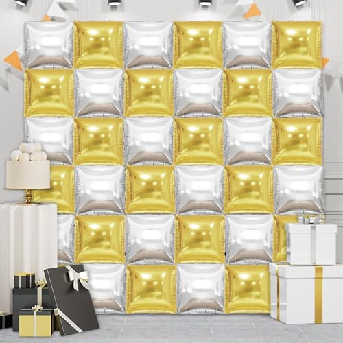 36 Piece XL Gold and Silver Square Foil Balloon Wall Screen Double Sided Square Balloon Screen Tunnel Arch Kit Mylar Square Balloons For Baby Shower Graduation Prom Birthday Party Decorations