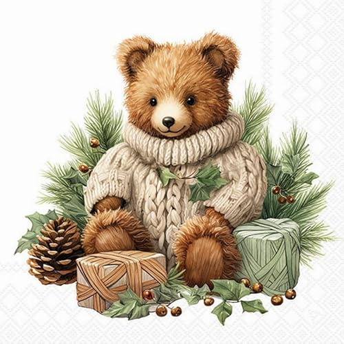 20 Servietten Weihnachten Niedlicher Winterbär als Tischdeko. Papierservietten mit Motiv. Auch für Decoupage und Serviettentechnik 33x33cm