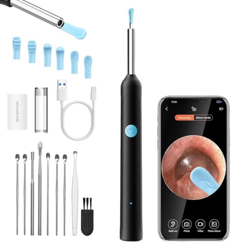 Tomdesk Limpiador de oídos con cámara, otoscopio digital, eliminación de cerumen con cámara, endoscopio impermeable 1080P con 6 luces LED, limpieza de oídos para adultos para iPhone, iPad y Android(A)