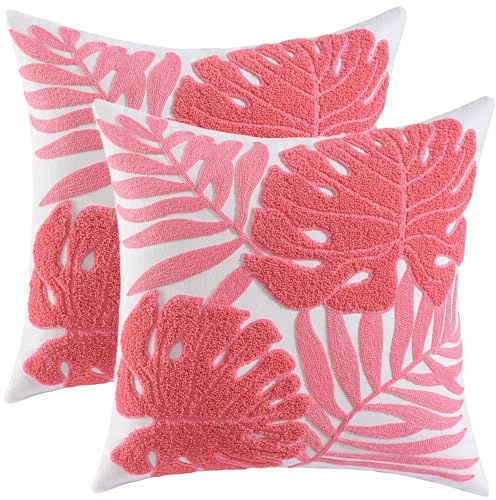 Tosleo 2 stycken tropiska örngott växter rosa på sommaren 45 x 45 cm dekoration broderade kuddfodral bomull linne kuddfodral soffa kuddfodral utomhus trädgård