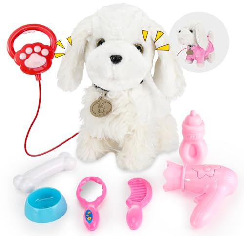GuKKK Hund Spielzeug Kinder Mit Leine Der Läuft, und Bellt Spielzeug, Kinder Interaktives Spielzeug Hund, Elektronische Haustiere mit Funktion, für 3-6 Jahre Alte Mädchen Jungen Geschenkideen(Weiß)