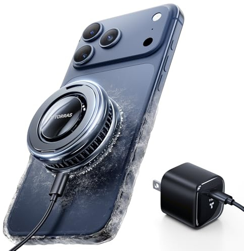 TORRAS PolarCircle Qi2.2 Wireless Charger, 25W Cooling Magnetic Pad for Samsung Galaxy S26/S25, Wireless Charger for iPhone 17/16 with 360°Spin Stand, Semiconductor Phone Cooler, with 45W IceNano Plug