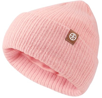 AYPOW Barnmössa, pojke, flickor, vinter, varm stickad babymössa, unisex, söt keps, vikbar fleecefodrad hatt, för småbarn 1–7 år, rosa, M