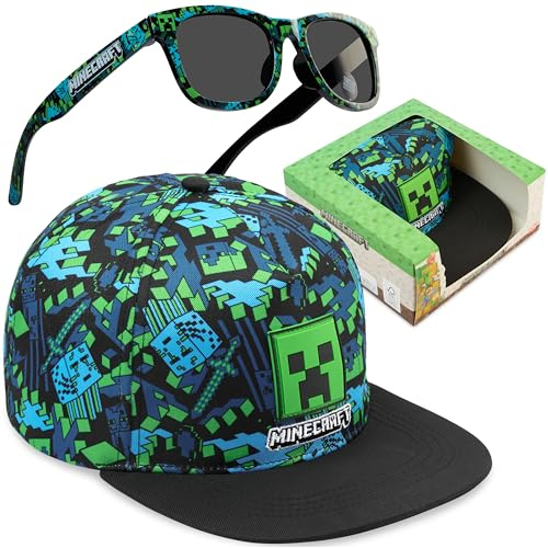 Minecraft Kids Baseball Cap & Sunglasses with UV Protection, Adjustable Sun Hat, Creeper Gaming Gifts for Boys 6–14 (Multi Minecraft)