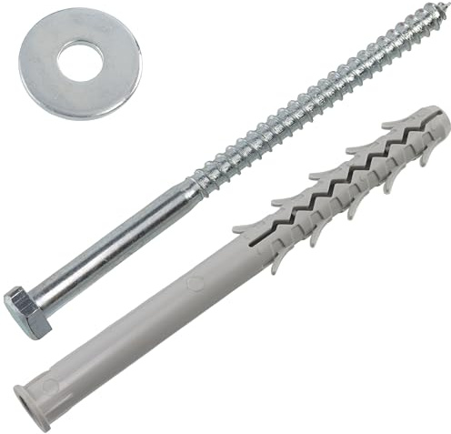 AERZETIX - Kit de 4 chevilles à collerette Ø16x200 mm en nylon avec ailettes + 4 vis tirefond Ø12x200 mm + 4 rondelles larges pour boulon M12 | fixation en matériaux pleins béton brique parpaing