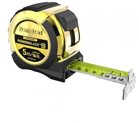 Komelon | Gold Tape Measure | 5m/16ft x 27 mm | MPT57EG | Komelon MPT57EG PowerBlade II | 5m/16ft hi-vis nylon-coated blade | Magnetic end hook | ABS case with rubber grip