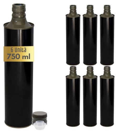 acquaverde | 6 Bottiglie in Latta 750 ml per Olio di Oliva, Contenitore Alimentare, NUOVO Design Elegante, Incluso Tappo Prefilettato in Metallo con Salvagoccia