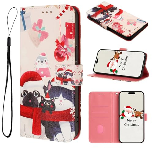 WOWUDI Funda para Moto G22 4G / E32S / E22S 4G Tipo Libro Cartera de Cuero PU con Tarjetero Cierre magnético Soporte Correa de muñeca protección Completa antigolpes con diseño navideño -SDDW