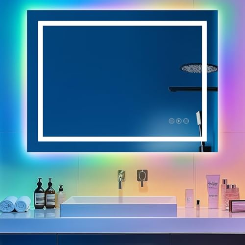 Youyijia Spiegel Mit Beleuchtung, Badspiegel Mit Beleuchtung Mit Touch-Schalter Beschlagfrei, 3 Lichtfarben Dimmbar,3500K-6500K Badezimmerspiegel (RGB-70x50cm)