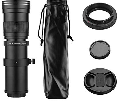 Aumotop Super Telephoto Zoom Lens Premium Manual Focus F/8.3-16 420-800mm T Mount for EF-Mount Cameras, Universal 1/4 Thread, Black Metal, 1 * Super Telephoto Zoom Lens * T-mount Adapter Ring *