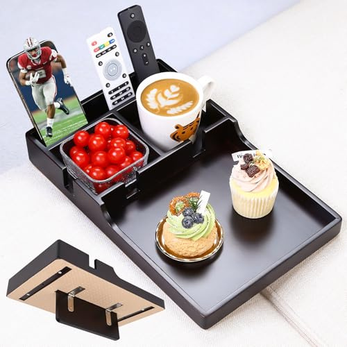 Acanacle Sofa Tray Insert for Middle Seat,Bamboo Couch Table with 2 Cup Holders,Fits Armless Sofa & Sectionals,Fold-Flat Tray for Drinks,Snacks & Remotes,Black Walnut