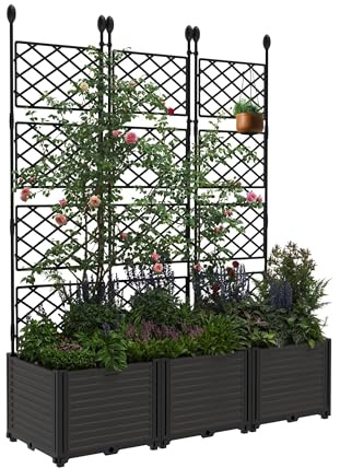 Juego de 7 jardineras elevadas con enrejado, caja de plástico de 295 cm de ancho x 160 cm de alto para plantas trepadoras, jardín vertical para exteriores con pantalla de privacidad para patio, balcón